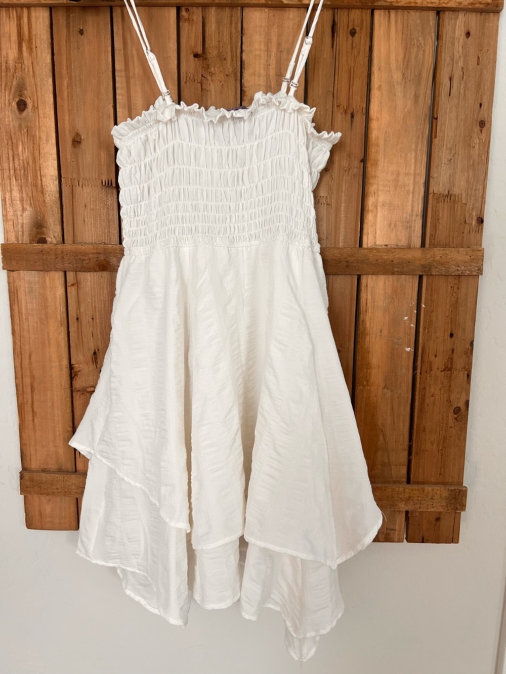 White Smocked Sundress with Handkerchief Hem